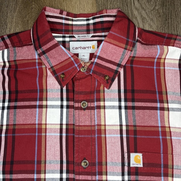 Carhartt Shirt Lot Of 2 Men XL Red Blue Plaid Relaxed Fit Short Sleeve Button Up - Picture 4 of 12